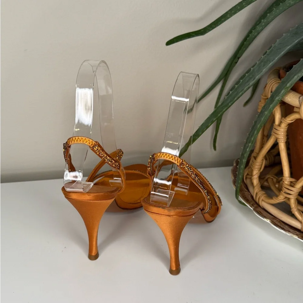 Caligarius Cometa Orange Satin Swarovski Crystal Heels Made in Italy Sz 37/ US 7 - Picture 5 of 12